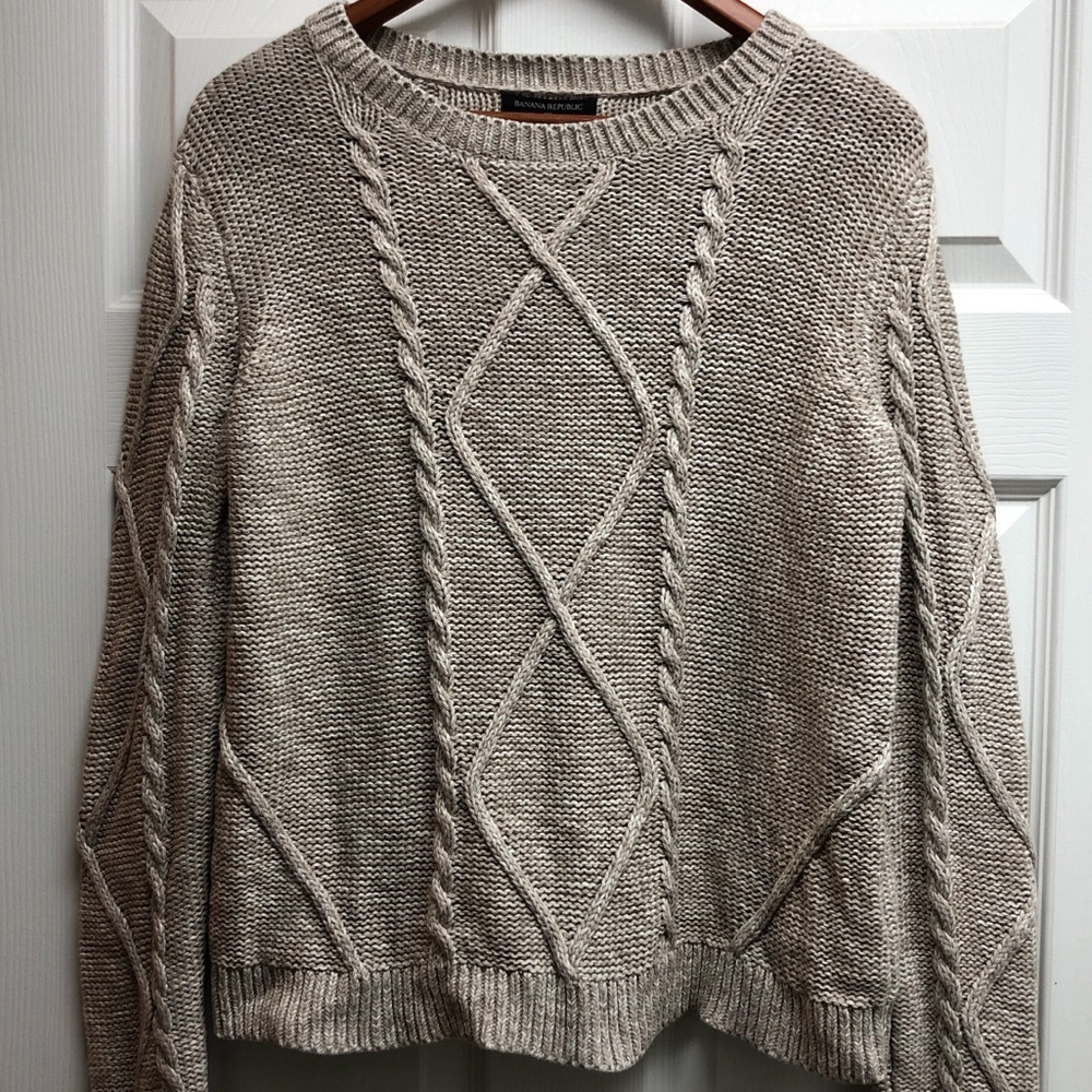 Banana Republic Neutral Taupe Cable Crewneck Sweater